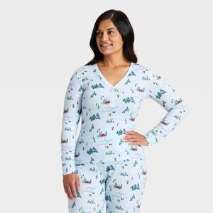Women's nwt Tis the Ski-son Cozy Long Sleeve Henley Holiday Pajama Shirt Blue
